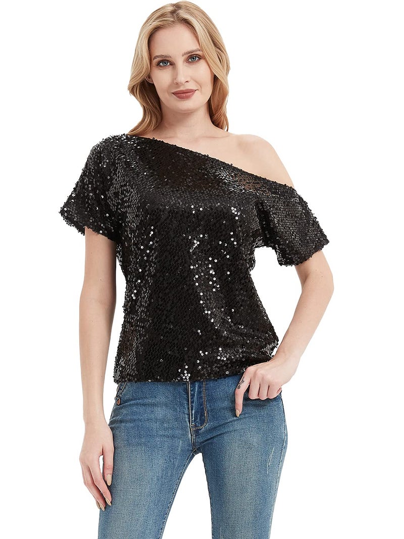 Anna-Kaci Womens Short Sleeve One Shoulder Sparkly Glitter Sequin Top Shirt Blouse, Black, X-Large - Image 1